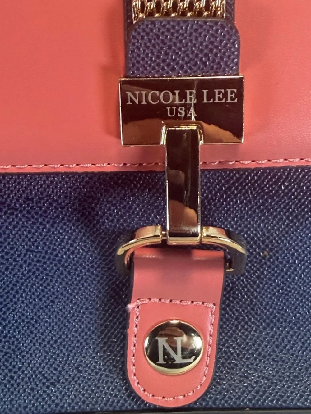 Nicole Lee USA Colorblock Satchel Handbag Navy Coral Pink Vegan Leather